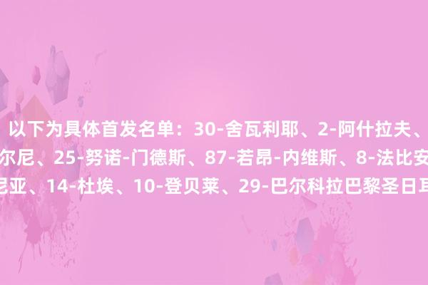 以下为具体首发名单：30-舍瓦利耶、2-阿什拉夫、4-贝拉尔多、6-扎巴尔尼、25-努诺-门德斯、87-若昂-内维斯、8-法比安-鲁伊斯、17-维蒂尼亚、14-杜埃、10-登贝莱、29-巴尔科拉巴黎圣日耳曼替补：39-萨福诺夫、5-马尔基尼奥斯、21-卢卡斯-埃尔南德斯、51-帕乔、33-扎伊尔-埃梅里、19-李刚仁、7-克瓦拉茨赫利亚、9-贡萨洛-拉莫斯、49-姆巴耶    体育集锦